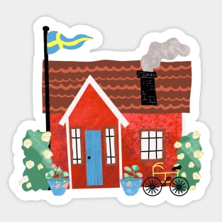 Swedish Summer Cottage with Flags - Midsommar Stuga - Pink Background Sticker